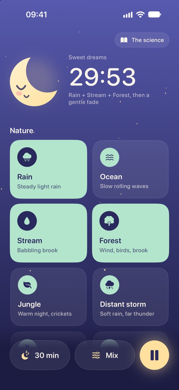 Lullsong Pro on iPhone playing a mix of rain, stream and forest